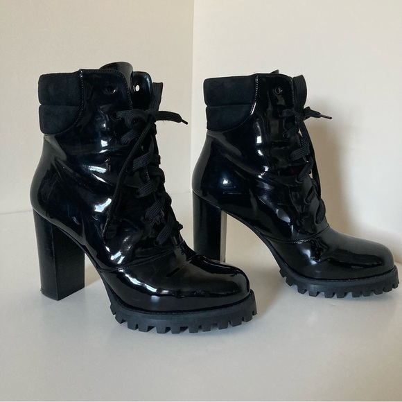 Stuart Weitzman Shoes - Stuart Weitzman Black Patent Leather Lace Up Heeled Booties size 7